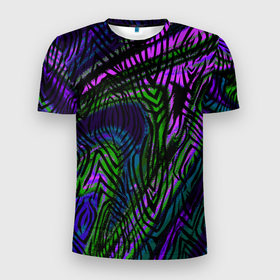 Мужская футболка 3D Slim с принтом Абстрактный современный тигровый узор в Екатеринбурге, 100% полиэстер с улучшенными характеристиками | приталенный силуэт, круглая горловина, широкие плечи, сужается к линии бедра | abstraction | pattern | зеленый | молодежный | пурпурный | тигровый