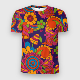 Мужская футболка 3D Slim с принтом Психоделический сюжет в Екатеринбурге, 100% полиэстер с улучшенными характеристиками | приталенный силуэт, круглая горловина, широкие плечи, сужается к линии бедра | восприятие | грибы | душа | психоделика | сознание | узор | цветы