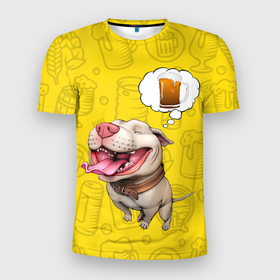Мужская футболка 3D Slim с принтом BeerBull в Санкт-Петербурге, 100% полиэстер с улучшенными характеристиками | приталенный силуэт, круглая горловина, широкие плечи, сужается к линии бедра | beer | pitbull | квас | любитель кваса | м | мем | мем с собакой | напиток | пенный напиток | питбуль | собака | собака мечтает | хочу квас