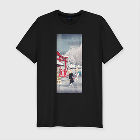Мужская футболка хлопок Slim с принтом Okabe in Snow (Зима) в Новосибирске, 92% хлопок, 8% лайкра | приталенный силуэт, круглый вырез ворота, длина до линии бедра, короткий рукав | japan | винтаж | зима | пейзаж | природа | прогулка | снег | япония | японская | японская анимация | японская эстетика | японский