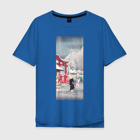 Мужская футболка хлопок Oversize с принтом Okabe in Snow (Зима) в Новосибирске, 100% хлопок | свободный крой, круглый ворот, “спинка” длиннее передней части | japan | винтаж | зима | пейзаж | природа | прогулка | снег | япония | японская | японская анимация | японская эстетика | японский