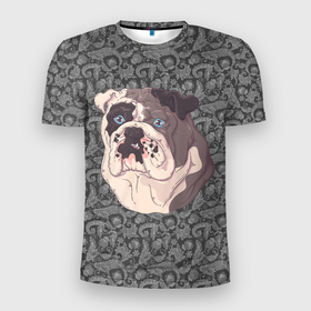 Мужская футболка 3D Slim с принтом DOG  Морда Бульдога в Курске, 100% полиэстер с улучшенными характеристиками | приталенный силуэт, круглая горловина, широкие плечи, сужается к линии бедра | Тематика изображения на принте: бульдог | пес | песик | собака | собачка