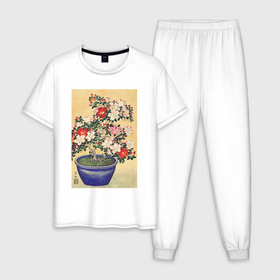 Мужская пижама хлопок с принтом Blooming Azalea in Blue Pot (Цветущая азалия) в Петрозаводске, 100% хлопок | брюки и футболка прямого кроя, без карманов, на брюках мягкая резинка на поясе и по низу штанин
 | japan | азалия | винтаж | пейзаж | природа | цветение | цветы | япония | японская | японская анимация | японская эстетика