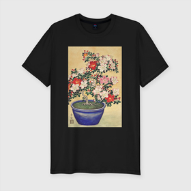Мужская футболка хлопок Slim с принтом Blooming Azalea in Blue Pot (Цветущая азалия) в Санкт-Петербурге, 92% хлопок, 8% лайкра | приталенный силуэт, круглый вырез ворота, длина до линии бедра, короткий рукав | japan | азалия | винтаж | пейзаж | природа | цветение | цветы | япония | японская | японская анимация | японская эстетика