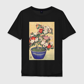 Мужская футболка хлопок Oversize с принтом Blooming Azalea in Blue Pot (Цветущая азалия) в Кировске, 100% хлопок | свободный крой, круглый ворот, “спинка” длиннее передней части | japan | азалия | винтаж | пейзаж | природа | цветение | цветы | япония | японская | японская анимация | японская эстетика