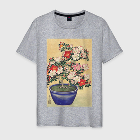 Мужская футболка хлопок с принтом Blooming Azalea in Blue Pot (Цветущая азалия) в Новосибирске, 100% хлопок | прямой крой, круглый вырез горловины, длина до линии бедер, слегка спущенное плечо. | Тематика изображения на принте: japan | азалия | винтаж | пейзаж | природа | цветение | цветы | япония | японская | японская анимация | японская эстетика