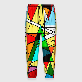 Мужские брюки 3D с принтом ЦВЕТНОЙ ВИТРАЖ в Белгороде, 100% полиэстер | манжеты по низу, эластичный пояс регулируется шнурком, по бокам два кармана без застежек, внутренняя часть кармана из мелкой сетки | абстракт | красочный | оптическая иллюзия | розовый | синий | стекло | треугольник | цветной