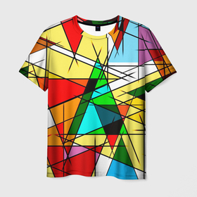 Мужская футболка 3D с принтом ЦВЕТНОЙ ВИТРАЖ в Белгороде, 100% полиэфир | прямой крой, круглый вырез горловины, длина до линии бедер | абстракт | красочный | оптическая иллюзия | розовый | синий | стекло | треугольник | цветной