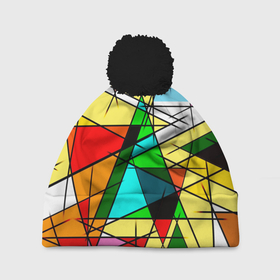 Шапка 3D c помпоном с принтом ЦВЕТНОЙ ВИТРАЖ в Екатеринбурге, 100% полиэстер | универсальный размер, печать по всей поверхности изделия | абстракт | красочный | оптическая иллюзия | розовый | синий | стекло | треугольник | цветной