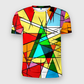 Мужская футболка 3D Slim с принтом ЦВЕТНОЙ ВИТРАЖ в Белгороде, 100% полиэстер с улучшенными характеристиками | приталенный силуэт, круглая горловина, широкие плечи, сужается к линии бедра | абстракт | красочный | оптическая иллюзия | розовый | синий | стекло | треугольник | цветной