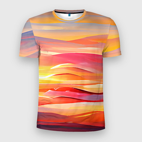 Мужская футболка 3D Slim с принтом Закатное солнце в Тюмени, 100% полиэстер с улучшенными характеристиками | приталенный силуэт, круглая горловина, широкие плечи, сужается к линии бедра | abstraction | art | bright | colors | draw | light | multicoloured | nature | sky | sun | sunset | абстракция | закат | краски | небо | пейзаж | природа | разноцветный | рисунок | свет | солнце | яркий