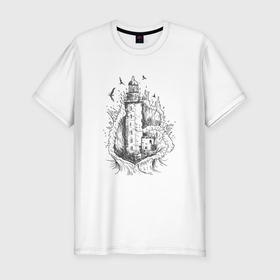 Мужская футболка хлопок Slim с принтом Маяк Рисунок карандашом | Lighthouse Pencil Drawing в Новосибирске, 92% хлопок, 8% лайкра | приталенный силуэт, круглый вырез ворота, длина до линии бедра, короткий рукав | ocean | sea | storm | арт | в виде якоря | волны | маяки | море | морские мотивы | морской рисунок | навигация | океан | рисунок от руки | ручкой | солнце | тучи | черно белый | шторм | якори