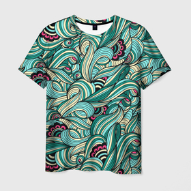 Мужская футболка 3D с принтом ПЕРЕПЛЕТЕНИЕ ЛИСТВЫ в Тюмени, 100% полиэфир | прямой крой, круглый вырез горловины, длина до линии бедер | абстракция | зеленые | минимализм | растения | текстура | цветы