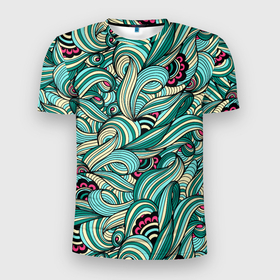 Мужская футболка 3D Slim с принтом ПЕРЕПЛЕТЕНИЕ ЛИСТВЫ в Тюмени, 100% полиэстер с улучшенными характеристиками | приталенный силуэт, круглая горловина, широкие плечи, сужается к линии бедра | абстракция | зеленые | минимализм | растения | текстура | цветы