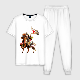 Мужская пижама хлопок с принтом Рыцарь Тамплиер в Курске, 100% хлопок | брюки и футболка прямого кроя, без карманов, на брюках мягкая резинка на поясе и по низу штанин
 | horse | битюк | жеребенок | жеребец | иноходец | кляча | кобыла | конь | коренник | крестоносец | лошади | лошадь | мерин | пони | рысак | рыцари тамплиеры | рыцарь | скакун | тамплиер