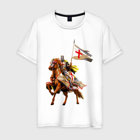 Мужская футболка хлопок с принтом Рыцарь Тамплиер в Тюмени, 100% хлопок | прямой крой, круглый вырез горловины, длина до линии бедер, слегка спущенное плечо. | Тематика изображения на принте: horse | битюк | жеребенок | жеребец | иноходец | кляча | кобыла | конь | коренник | крестоносец | лошади | лошадь | мерин | пони | рысак | рыцари тамплиеры | рыцарь | скакун | тамплиер