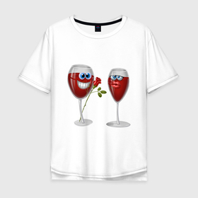 Мужская футболка хлопок Oversize с принтом ВЛЮБЛЕННЫЕ БОКАЛЫ ВИНА в Тюмени, 100% хлопок | свободный крой, круглый ворот, “спинка” длиннее передней части | love | красное | любовь | пара | праздник | рюмка | фужер