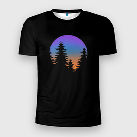 Мужская футболка 3D Slim с принтом Лес в ночной тишине в Белгороде, 100% полиэстер с улучшенными характеристиками | приталенный силуэт, круглая горловина, широкие плечи, сужается к линии бедра | деревья | круг | лес | ночь | черный