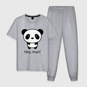 Мужская пижама хлопок с принтом Эй, чувак   Панда   Hey, man   Panda в Курске, 100% хлопок | брюки и футболка прямого кроя, без карманов, на брюках мягкая резинка на поясе и по низу штанин
 | Тематика изображения на принте: bear | ears | eyes | muzzle | nose | panda | paws | title | глаза | лапы | медведь | мордочка | надпись | нос | панда | уши