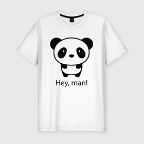 Мужская футболка хлопок Slim с принтом Эй, чувак   Панда   Hey, man   Panda в Курске, 92% хлопок, 8% лайкра | приталенный силуэт, круглый вырез ворота, длина до линии бедра, короткий рукав | Тематика изображения на принте: bear | ears | eyes | muzzle | nose | panda | paws | title | глаза | лапы | медведь | мордочка | надпись | нос | панда | уши