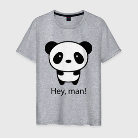 Мужская футболка хлопок с принтом Эй, чувак   Панда   Hey, man   Panda в Кировске, 100% хлопок | прямой крой, круглый вырез горловины, длина до линии бедер, слегка спущенное плечо. | Тематика изображения на принте: bear | ears | eyes | muzzle | nose | panda | paws | title | глаза | лапы | медведь | мордочка | надпись | нос | панда | уши