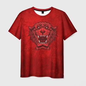 Мужская футболка 3D с принтом Красный тигр в Новосибирске, 100% полиэфир | прямой крой, круглый вырез горловины, длина до линии бедер | бенгальский | большая | голова | джунгли | кошка | красный | оскал | полосатый | сибирский | текстура | тигр | хищник | хозяин | хозяин тайги | царь | царь джунглей