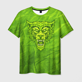 Мужская футболка 3D с принтом Ядовитый волк в Санкт-Петербурге, 100% полиэфир | прямой крой, круглый вырез горловины, длина до линии бедер | волк | волчище | голова | дикий | желтоватый | желтый | жестокий | зеленоватый | зеленый | злобный | злой | кислотный | лютый | сердитый | хищник | ядовитый | яростный