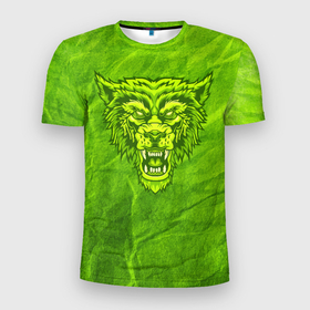 Мужская футболка 3D Slim с принтом Ядовитый волк в Курске, 100% полиэстер с улучшенными характеристиками | приталенный силуэт, круглая горловина, широкие плечи, сужается к линии бедра | волк | волчище | голова | дикий | желтоватый | желтый | жестокий | зеленоватый | зеленый | злобный | злой | кислотный | лютый | сердитый | хищник | ядовитый | яростный