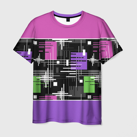 Мужская футболка 3D с принтом Розово фиолетовый геометрические фигуры и полосы в Санкт-Петербурге, 100% полиэфир | прямой крой, круглый вырез горловины, длина до линии бедер | retro | абстрактный | геометрические фигуры | ретро | темно розовый | фиолетовый