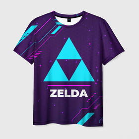 Мужская футболка 3D с принтом Символ Zelda в неоновых цветах на темном фоне , 100% полиэфир | прямой крой, круглый вырез горловины, длина до линии бедер | legend | logo | neon | the | zelda | зельда | игра | игры | краска | краски | легенд | лого | логотип | неон | символ