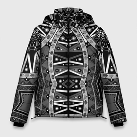 Мужская зимняя куртка 3D с принтом Черно белый этнический орнамент в Екатеринбурге, верх — 100% полиэстер; подкладка — 100% полиэстер; утеплитель — 100% полиэстер | длина ниже бедра, свободный силуэт Оверсайз. Есть воротник-стойка, отстегивающийся капюшон и ветрозащитная планка. 

Боковые карманы с листочкой на кнопках и внутренний карман на молнии. | Тематика изображения на принте: black and white | fashionable | ornament | youth | абстрактный | этно