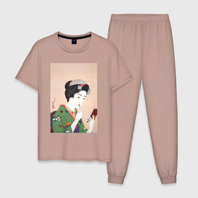 Мужская пижама хлопок с принтом Woman Applying Rouge (Японская модница) в Санкт-Петербурге, 100% хлопок | брюки и футболка прямого кроя, без карманов, на брюках мягкая резинка на поясе и по низу штанин
 | 