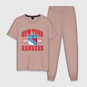 Мужская пижама хлопок с принтом NY RANGERS NHL | НЬЮ ЙОРК РЕЙНДЖЕРС в Курске, 100% хлопок | брюки и футболка прямого кроя, без карманов, на брюках мягкая резинка на поясе и по низу штанин
 | Тематика изображения на принте: game | hockey | new york | nhl | ny rangers | sport | team | нью йорк | рейнджерс | рейнджеры | спорт | хоккей