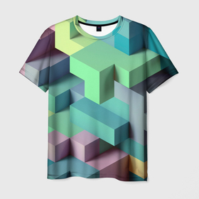 Мужская футболка 3D с принтом GEOMETRIC SHAPES в Кировске, 100% полиэфир | прямой крой, круглый вырез горловины, длина до линии бедер | вектор | геометрические фигуры | геометрический | графический | зеленый | красочный | розовый | синий | текстура | треугольники | узор | форма | формы