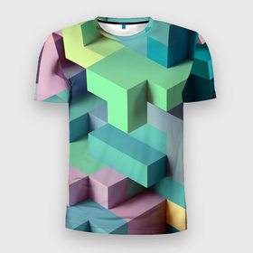 Мужская футболка 3D Slim с принтом GEOMETRIC SHAPES , 100% полиэстер с улучшенными характеристиками | приталенный силуэт, круглая горловина, широкие плечи, сужается к линии бедра | вектор | геометрические фигуры | геометрический | графический | зеленый | красочный | розовый | синий | текстура | треугольники | узор | форма | формы