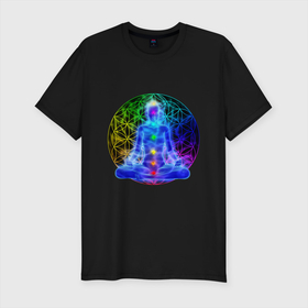 Мужская футболка хлопок Slim с принтом YOGA MEDITATION в Белгороде, 92% хлопок, 8% лайкра | приталенный силуэт, круглый вырез ворота, длина до линии бедра, короткий рукав | волшебный | духовный | забавный | йога | лотос | любовь | медитация | синий