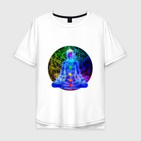Мужская футболка хлопок Oversize с принтом YOGA MEDITATION в Курске, 100% хлопок | свободный крой, круглый ворот, “спинка” длиннее передней части | волшебный | духовный | забавный | йога | лотос | любовь | медитация | синий
