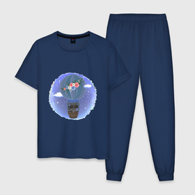 Мужская пижама хлопок с принтом ЕНОТ НА ВОЗДУШНОМ ШАРЕ в Новосибирске, 100% хлопок | брюки и футболка прямого кроя, без карманов, на брюках мягкая резинка на поясе и по низу штанин
 | животное | звезды | небо | облака | полет | цветы