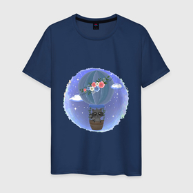 Мужская футболка хлопок с принтом ЕНОТ НА ВОЗДУШНОМ ШАРЕ в Тюмени, 100% хлопок | прямой крой, круглый вырез горловины, длина до линии бедер, слегка спущенное плечо. | животное | звезды | небо | облака | полет | цветы