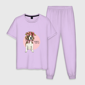 Мужская пижама хлопок с принтом WELCOME SPRING , 100% хлопок | брюки и футболка прямого кроя, без карманов, на брюках мягкая резинка на поясе и по низу штанин
 | Тематика изображения на принте: бант | весна | животное | питомец | собака | цветы