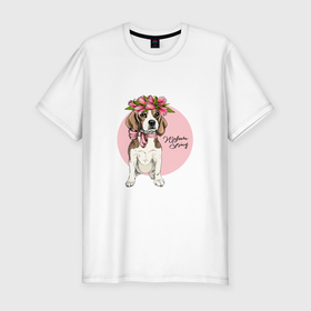 Мужская футболка хлопок Slim с принтом WELCOME SPRING в Тюмени, 92% хлопок, 8% лайкра | приталенный силуэт, круглый вырез ворота, длина до линии бедра, короткий рукав | бант | весна | животное | питомец | собака | цветы