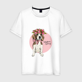 Мужская футболка хлопок с принтом WELCOME SPRING , 100% хлопок | прямой крой, круглый вырез горловины, длина до линии бедер, слегка спущенное плечо. | бант | весна | животное | питомец | собака | цветы