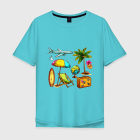 Мужская футболка хлопок Oversize с принтом ПОЕЗДКА НА ОТДЫХ в Петрозаводске, 100% хлопок | свободный крой, круглый ворот, “спинка” длиннее передней части | глобус | отпуск | пальма | приключения | путешествия | самолет | турист | цветы | чайка | чемодан | этикетки