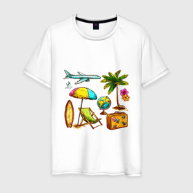 Мужская футболка хлопок с принтом ПОЕЗДКА НА ОТДЫХ в Новосибирске, 100% хлопок | прямой крой, круглый вырез горловины, длина до линии бедер, слегка спущенное плечо. | глобус | отпуск | пальма | приключения | путешествия | самолет | турист | цветы | чайка | чемодан | этикетки