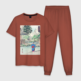 Мужская пижама хлопок с принтом True View of Benten at Inokashira (Прогулка) в Екатеринбурге, 100% хлопок | брюки и футболка прямого кроя, без карманов, на брюках мягкая резинка на поясе и по низу штанин
 | japan | винтаж | горы | дом | пейзаж | природа | прогулка | япония | японская | японская анимация | японская эстетика