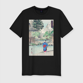 Мужская футболка хлопок Slim с принтом True View of Benten at Inokashira (Прогулка) в Кировске, 92% хлопок, 8% лайкра | приталенный силуэт, круглый вырез ворота, длина до линии бедра, короткий рукав | japan | винтаж | горы | дом | пейзаж | природа | прогулка | япония | японская | японская анимация | японская эстетика