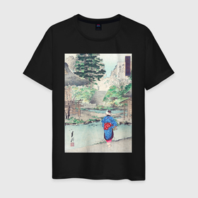 Мужская футболка хлопок с принтом True View of Benten at Inokashira (Прогулка) в Кировске, 100% хлопок | прямой крой, круглый вырез горловины, длина до линии бедер, слегка спущенное плечо. | japan | винтаж | горы | дом | пейзаж | природа | прогулка | япония | японская | японская анимация | японская эстетика