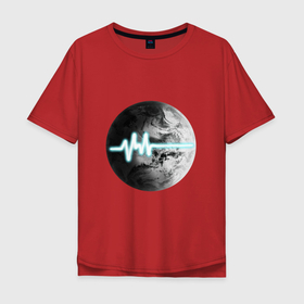 Мужская футболка хлопок Oversize с принтом Пульс планеты в Новосибирске, 100% хлопок | свободный крой, круглый ворот, “спинка” длиннее передней части | земля | космос | линия | неон | планета | пульс