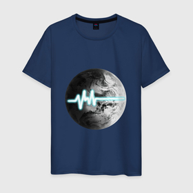 Мужская футболка хлопок с принтом Пульс планеты в Новосибирске, 100% хлопок | прямой крой, круглый вырез горловины, длина до линии бедер, слегка спущенное плечо. | земля | космос | линия | неон | планета | пульс