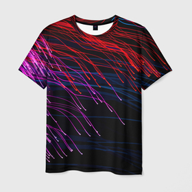 Мужская футболка 3D с принтом Цветные неоновые линии на чёрном фоне   Colored neon lines on a black background , 100% полиэфир | прямой крой, круглый вырез горловины, длина до линии бедер | abstraction | fashion | line | neon | pattern | абстракция | линия | мода | неон | паттерн